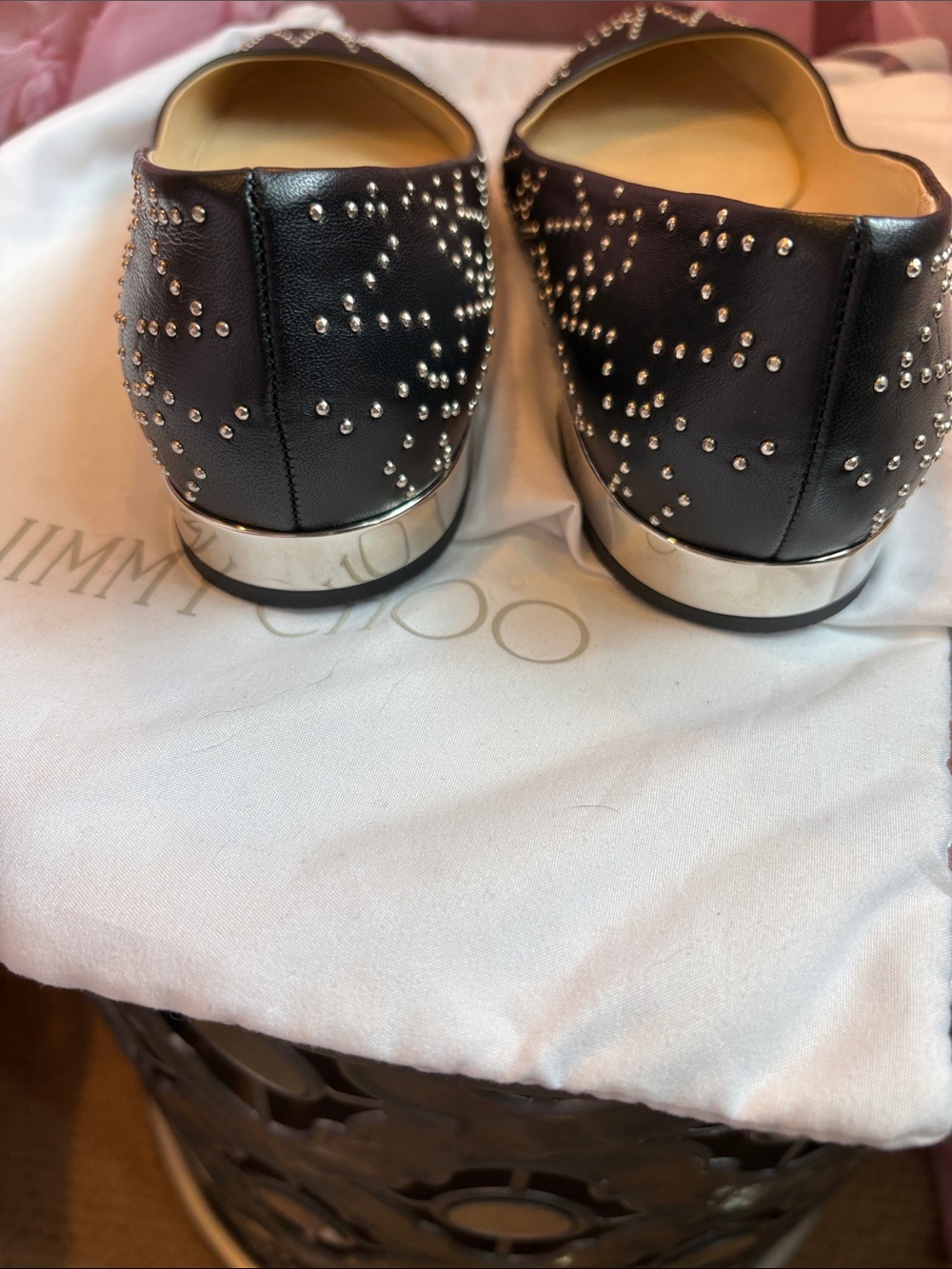 Authentic Jimmy Choo Black Leather Jessie Studded Flats - Picture 9 of 12